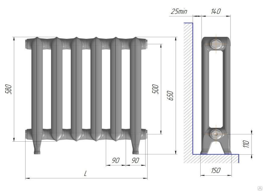 Размер подключения чугунных радиаторов Секция МС-140-500 с ножками, цена в Хабаровске от компании Техпромснаб