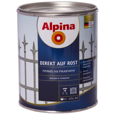 Эмаль алкидная "Alpina Direkt A Rost" "Прямо на ржавчину" RAL9005 черная (0,75л)