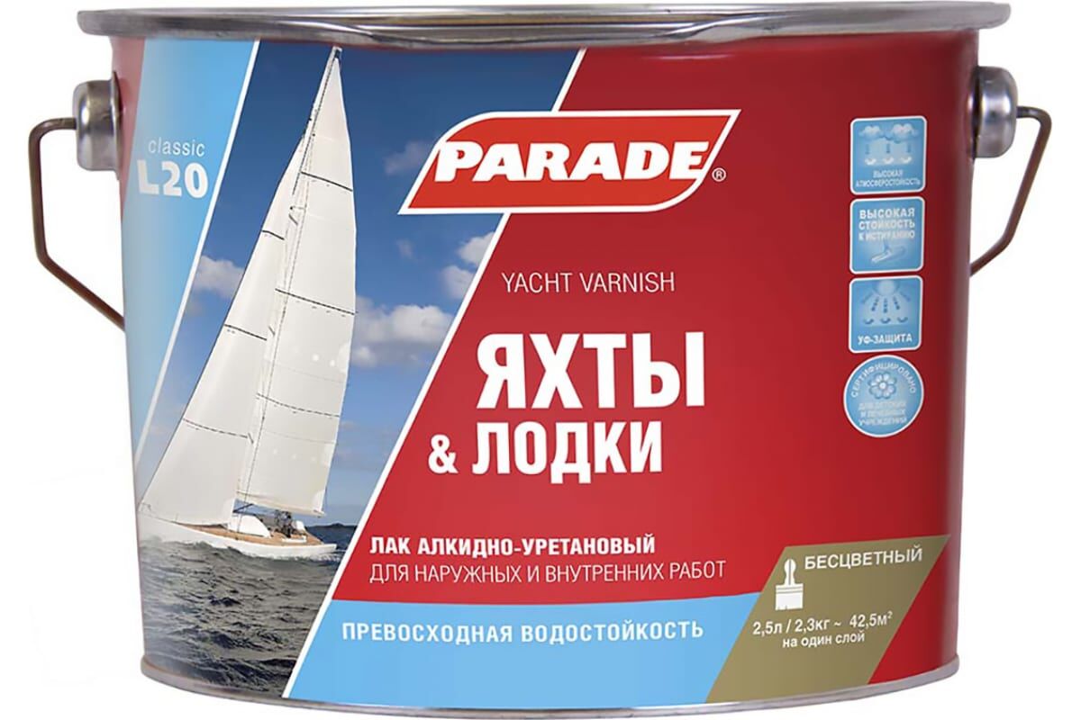 Лак яхтный алкидно-уретановый PARADE L20 Яхты & Лодки полуматовый 2,5л Россия