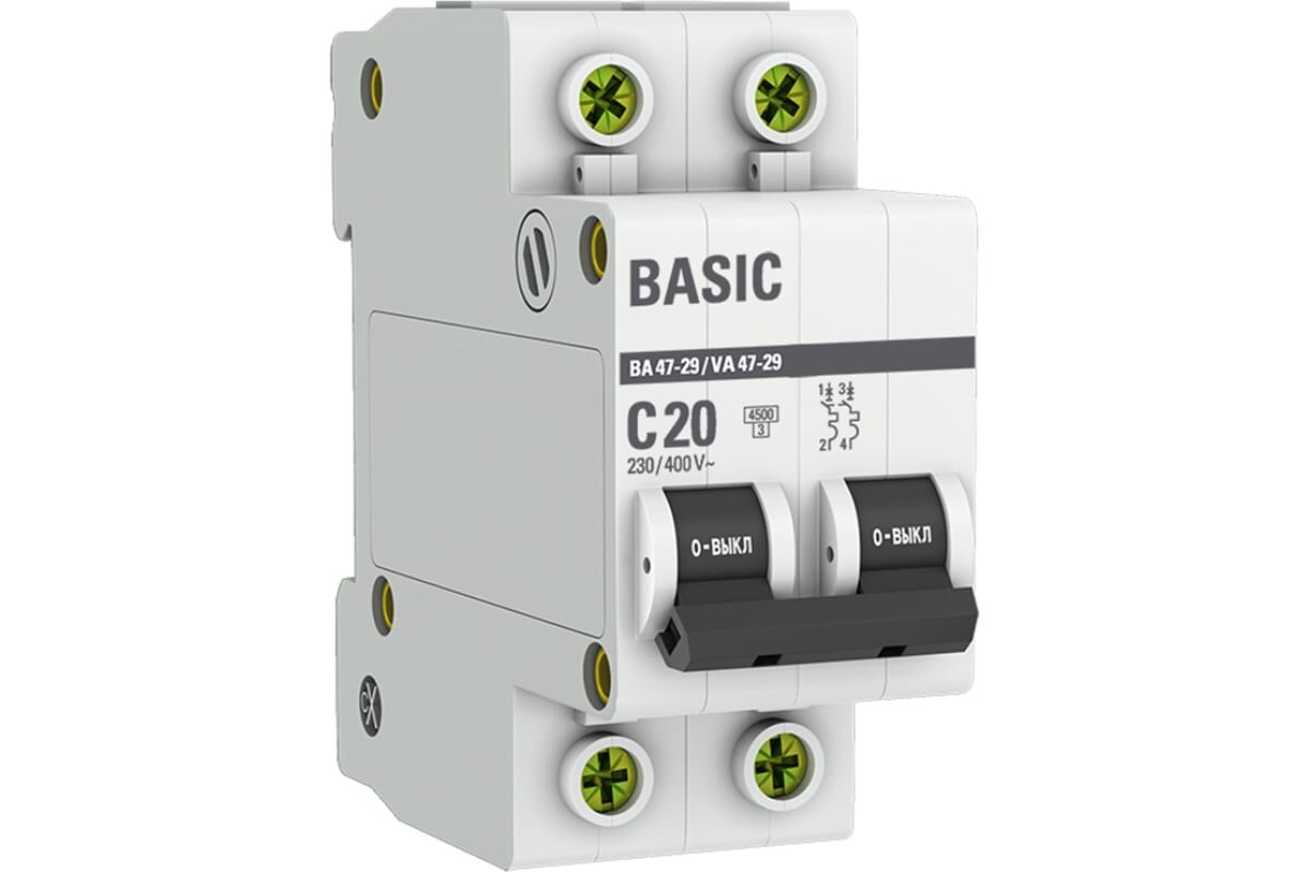 Выключатель автоматический модульный 2п C 20А 4.5кА ВА 47-29 Basic EKF