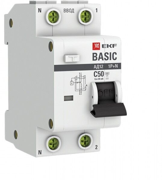 Выключатель автоматический дифференциального тока 2п (1P+N) C 50А 30мА тип AC 4.5кА АД-12 Basic EKF