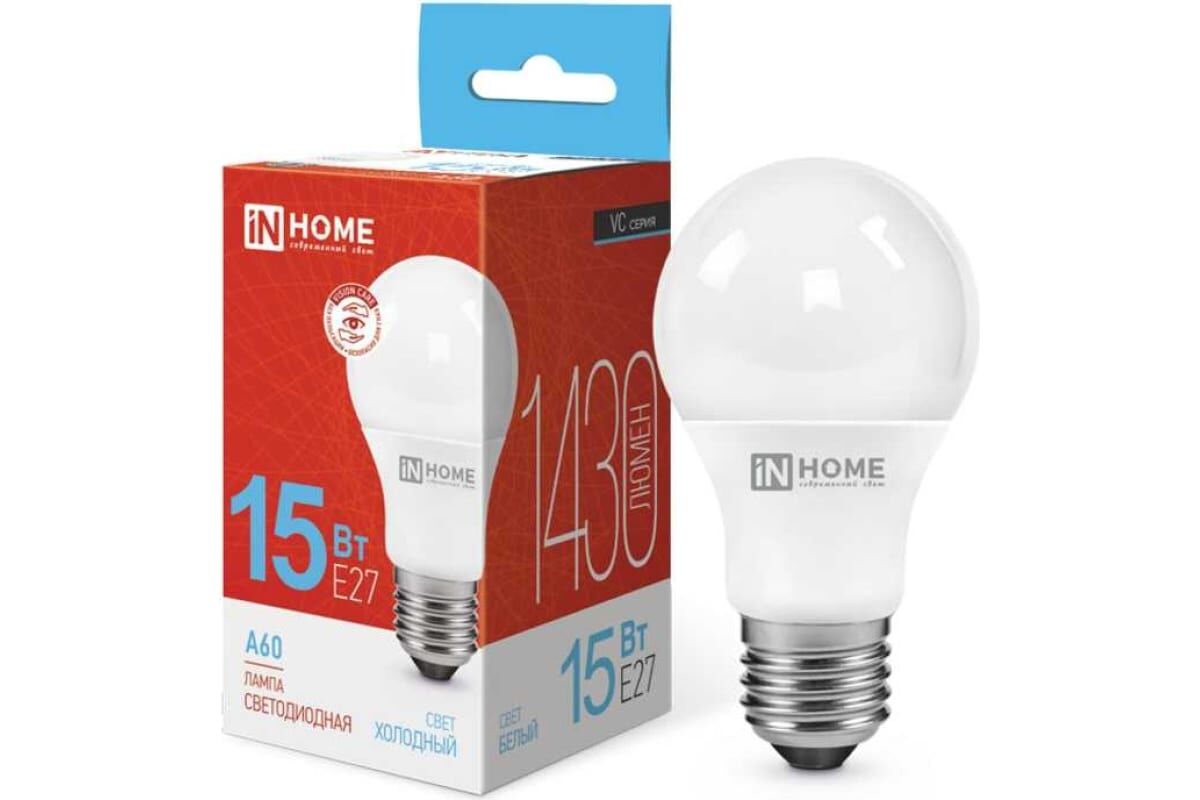 Лампа светодиодная LED-A60-VC 15Вт грушевидная 6500К холод. белый E27 1430лм 230В IN HOME 4690612020280