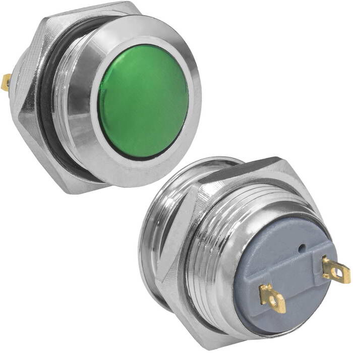 Кнопка антивандальная без подсветки RUICHI GQ16B-10/J/G/N, 1NO, ОFF-(ON) без фиксации, пос. диаметр 16 мм, контакты 2Pin