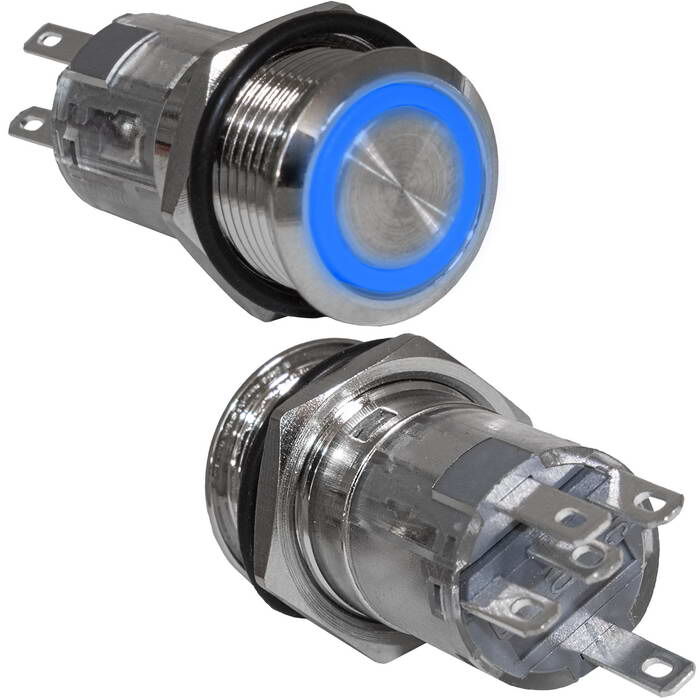 Кнопка антивандальная с подсветкой RUICHI LAS2GQF-11E/B/N, ON-(ON) без фиксации, М16, подсветка 12 В, 250 В, 3 А, 50 мОм