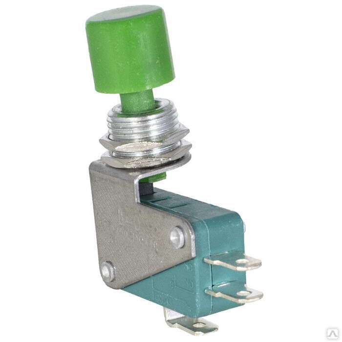 Микропереключатель с кнопкой RUICHI KW3-02-01, 44х13х41 мм, зеленая кнопка, диаметр 13 мм, ON-(ON), SPDT 3P, 250 В, 5 А