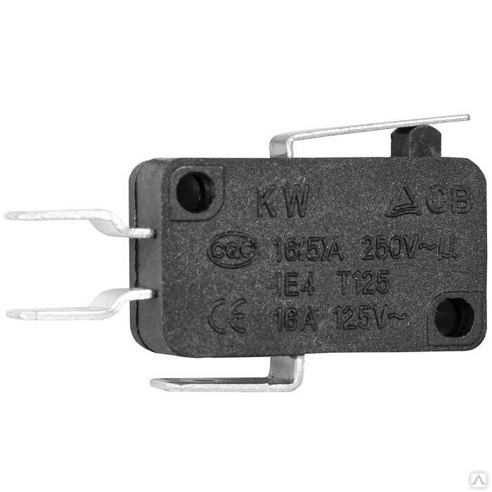 Микропереключатель с укороченной планкой RUICHI KW7-22, 16х10.5х27.8 мм, ON-(ON), SPDT 3P, 250 В, 5 А, 30 мОм, -25...+85