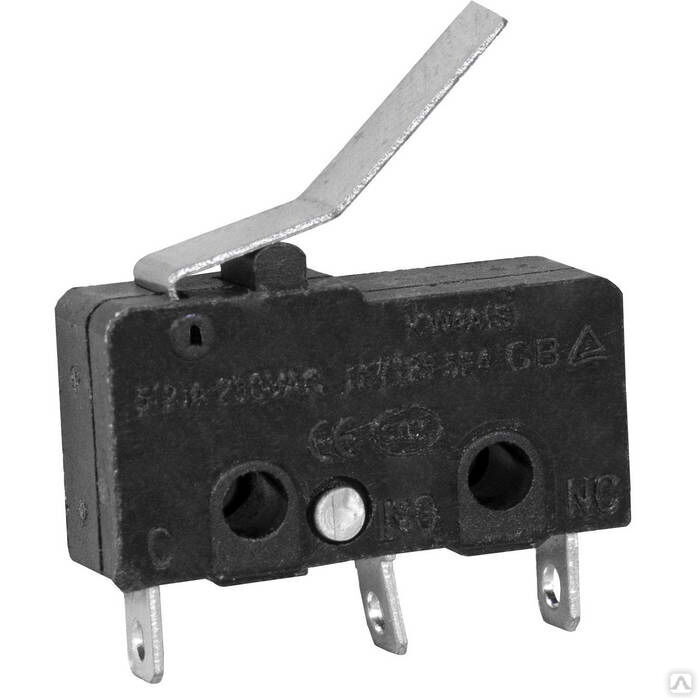 Микропереключатель с фигурной планкой RUICHI KW3-02, 10.8х6.4х19.8 мм, вынос планки 17 мм, ON-(ON), SPDT 3P, 250 В, 5 А