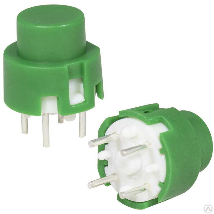 Миниатюрная кнопка без фиксации RUICHI TS4-2GN-0, 4 контакта, корпус зеленый круглый, кнопка зеленая цилиндрическая