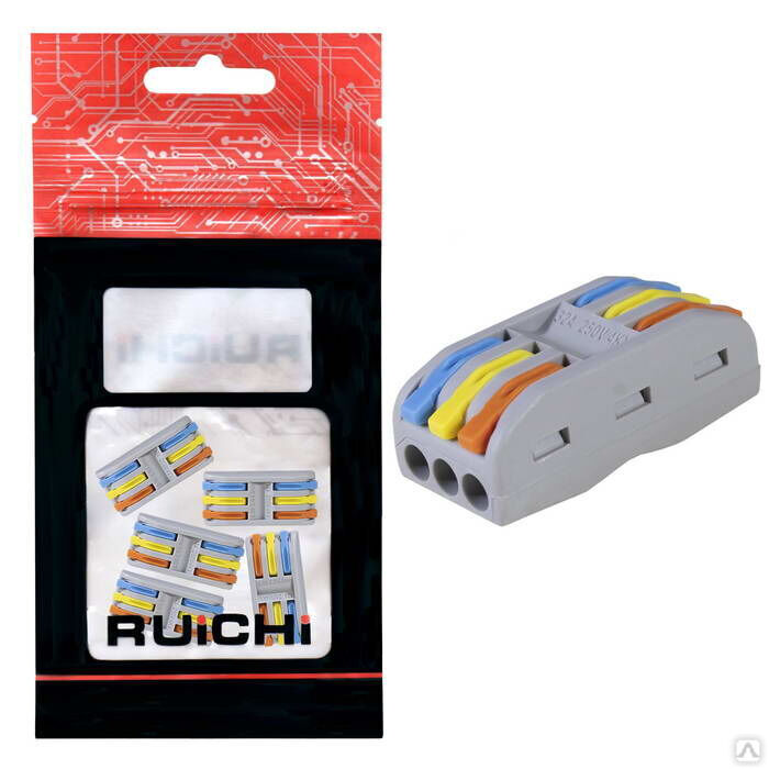 Клемма зажимная проходная 6-контактная 3-проводная RUICHI LC-203, медь, цвет красный/синий/желтый, упаковка 5 шт