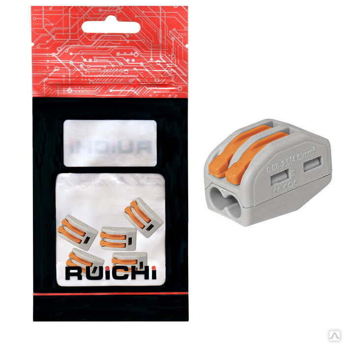 Клемма зажимная соединительная 2-контактная RUICHI 222-412, 24 А, 250 В, PA66, упаковка 5 шт