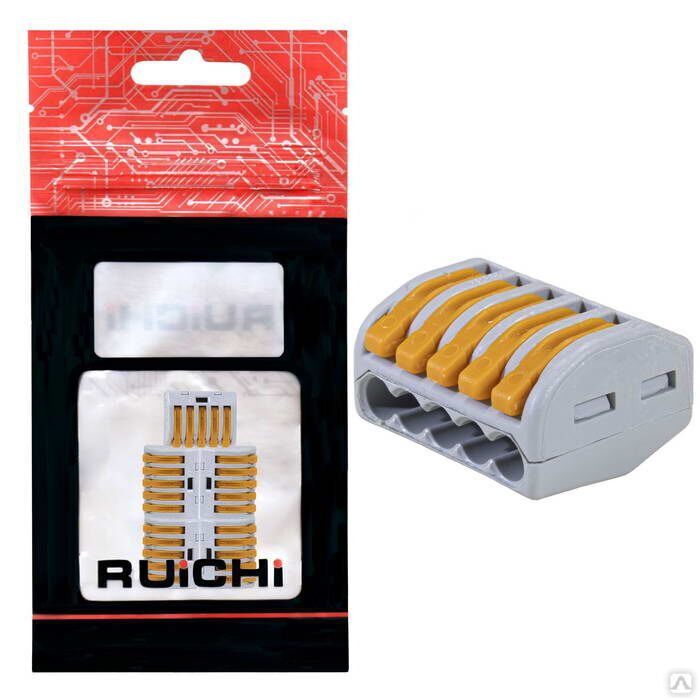 Клемма зажимная соединительная 5-контактная RUICHI 222-415, 24 А, 250 В, PA66, упаковка 5 шт