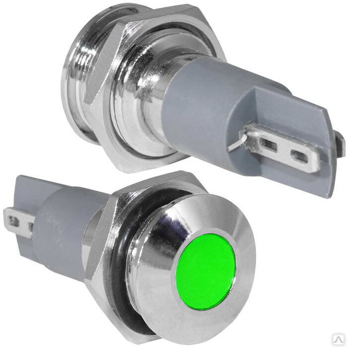 Индикатор антивандальный RUICHI GQ10PF-G, цвет зеленый, точечный излучатель, 12-24 В, 15 мА, гибкие выводы