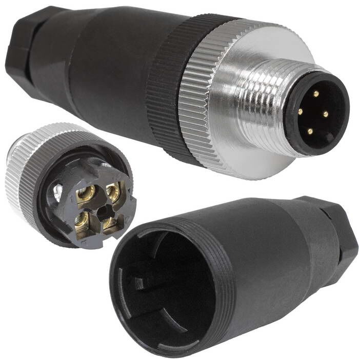 Разъем малогабаритный цилиндрический кабельный (вилка) RUICHI 12-I-4M-04A, М12х1,5 мм, 4 контакта, IP 67, 4 А, 50 В
