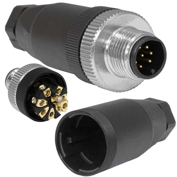 Разъем малогабаритный цилиндрический кабельный (вилка) RUICHI 12-I-8M-04A, М12х1,5 мм, 8 контактов, IP 67, 2 А, 50 В