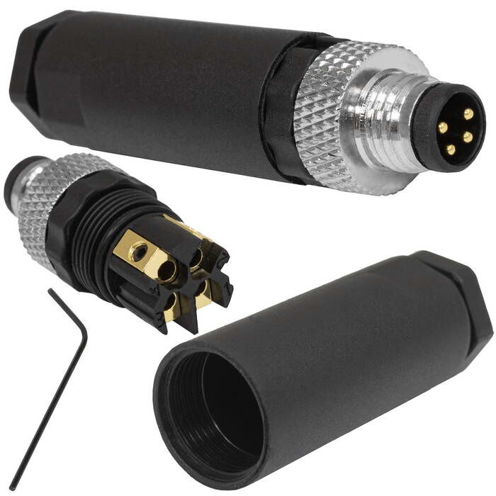 Разъем малогабаритный цилиндрический кабельный (розетка) RUICHI 8-I-4M-04A с гибкими выводами, М8х1 мм, 4 контакта