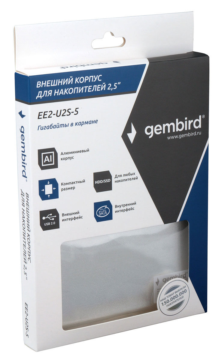 Внешний корпусUSB 2.0 для 2.5" HDD/SSD Gembird EE-U2S-5-S, порт USB, SATA III, металл, серебристый 4