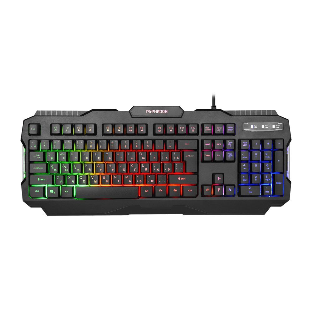 Клавиатура проводная игровая Гарнизон GK-330G, мембранная, 104 клавиш, подсветка Rainbow, мультимедиа, кабель 1.5м, черн 1