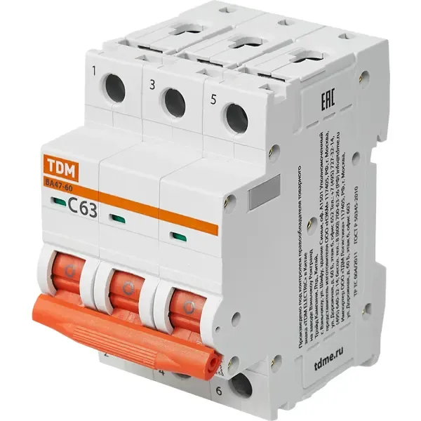 Автоматический выключатель TDM Electric ВА47-60 3P C63 А 6 кА SQ0223-0115 TDM ELECTRIC