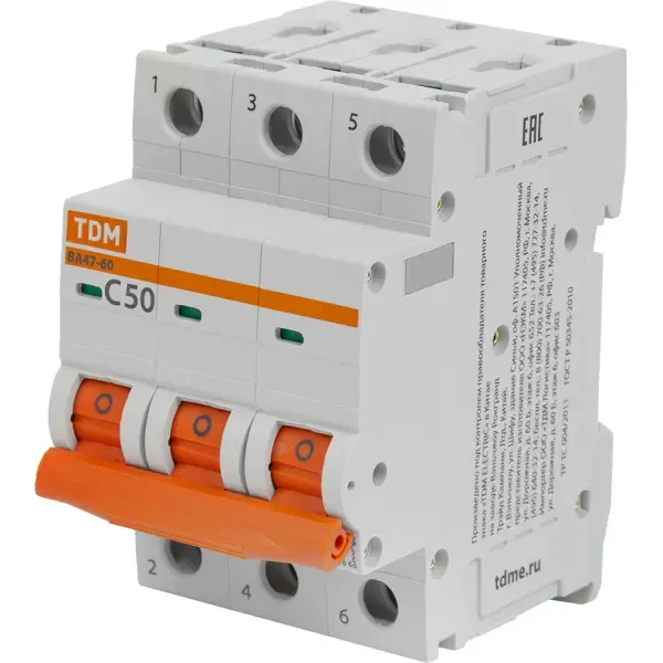Автоматический выключатель TDM Electric ВА47-60 3P C50 А 6 кА SQ0223-0114 TDM ELECTRIC