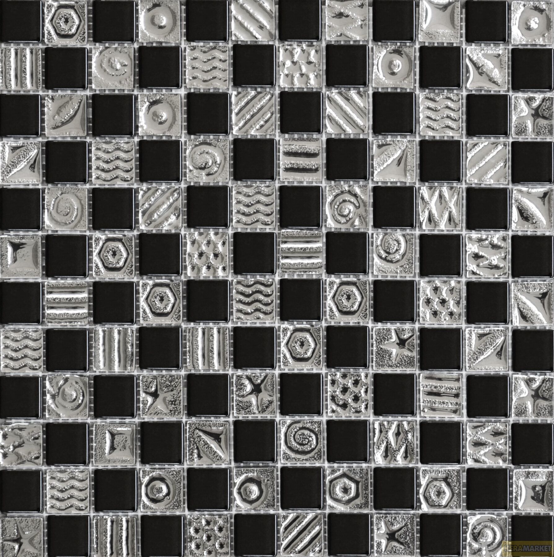 Керамическая плитка Керамин Росмозаика Мозаика стеклянная № 2169 Шахматка черный-платина рисунок Мозаика 30х30 (2,3х2,3)