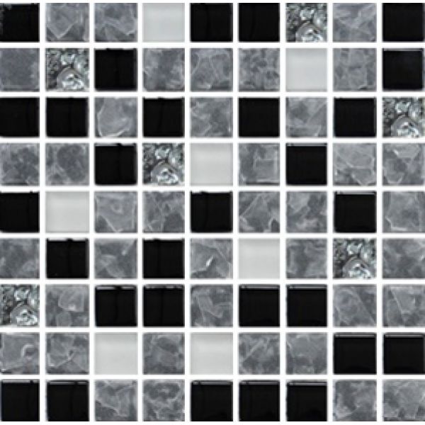 Керамическая плитка Керамин Росмозаика Мозаика стеклянная № 2201 Микс белый матовый-черный колотый матовый-черный-платин