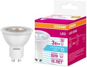 Лампа светодиод. LED STAR PAR16 3W/840 (замена 35Вт) 3Вт 4000К нейтр. бел. GU10 280лм прозр. пласт. OSRAM 4058075134812