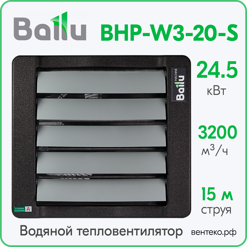 Тепловентилятор водяной Ballu BHP-W3-20-S, от 12 до 25 кВт. Универсальный. Шумопоглощающий корпус. 1