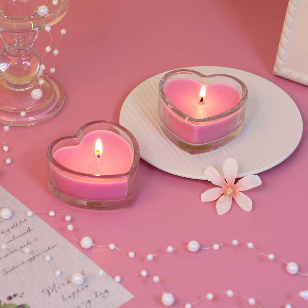 LADECOR Набор свечей в стеклянном подсвечнике в виде сердца, 2 шт, парафин, цвет розовый 10