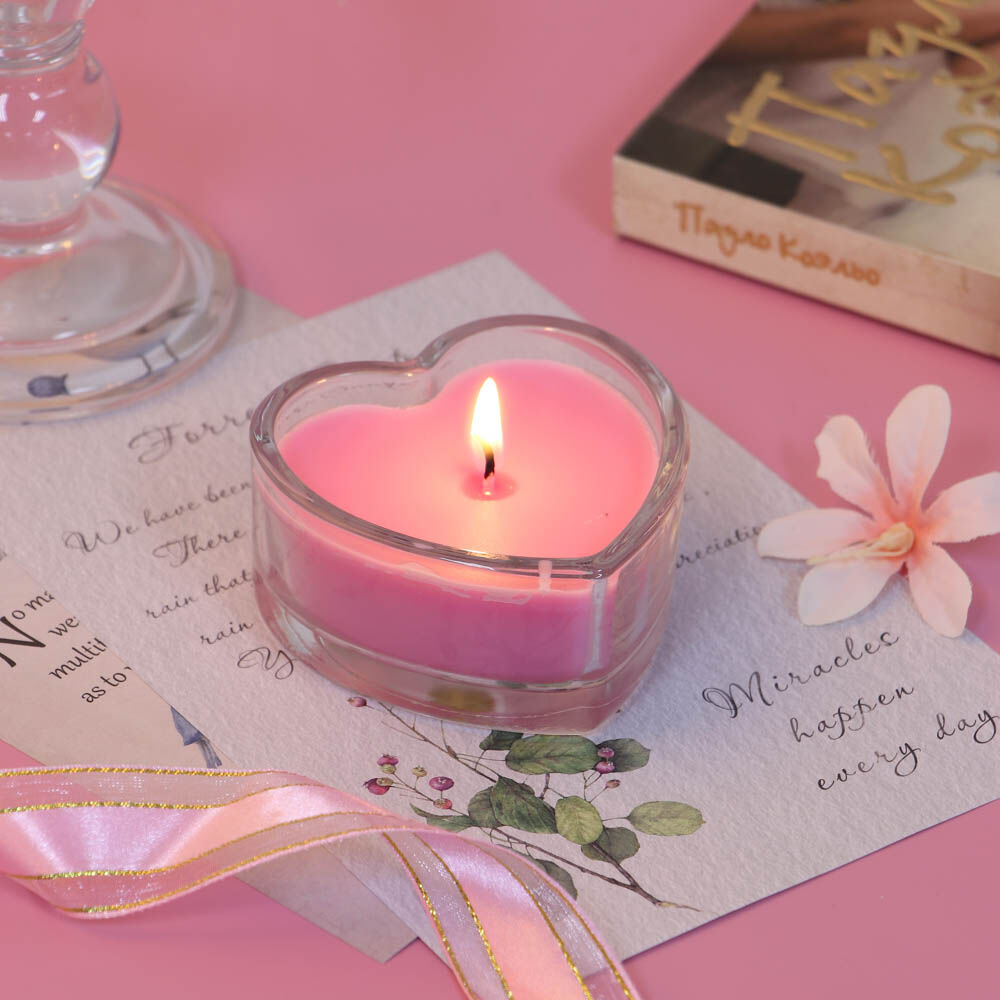 LADECOR Набор свечей в стеклянном подсвечнике в виде сердца, 2 шт, парафин, цвет розовый 11
