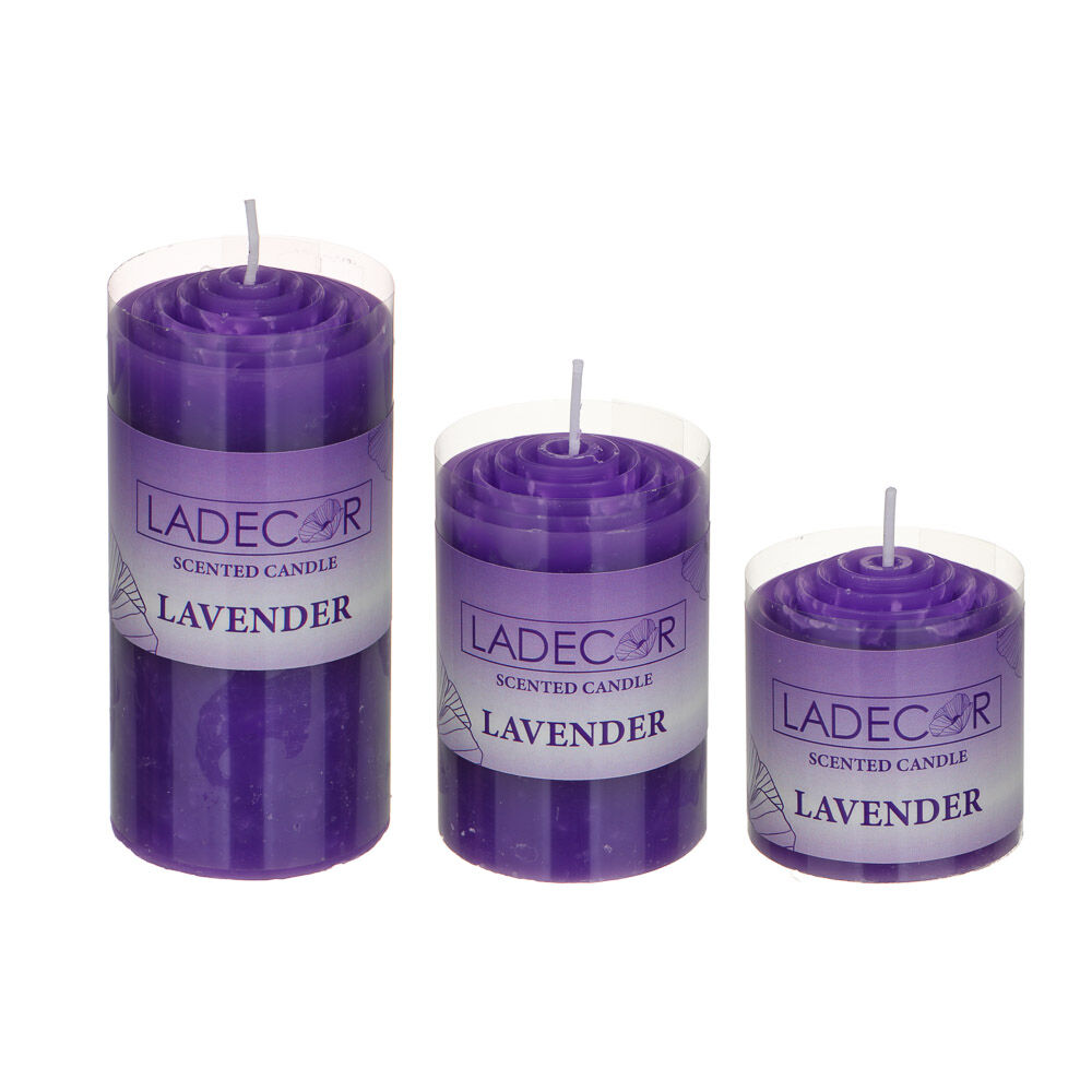 LADECOR Набор ароматических свечей, парафин, 3 шт, набор (5x5 см, 5x7,5 см, 5x10 см), лаванда 6