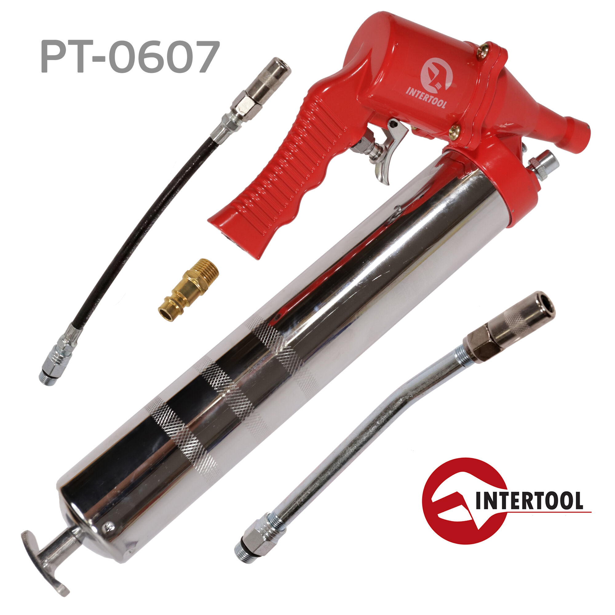 Шприц смазочный Intertool PT-0607 (400мл) пневматический с насадками для выдавливания густой смазки