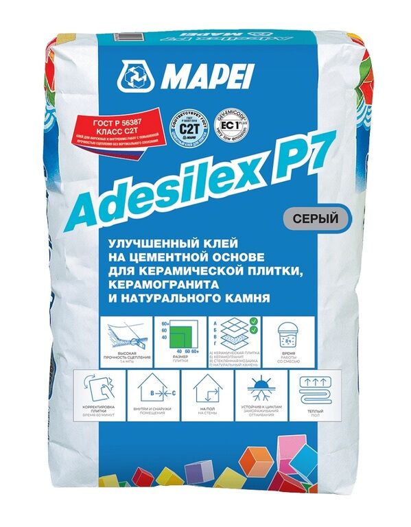 Клей для плитки керамогранита и камня Mapei Adesilex P7 серый, 25 кг