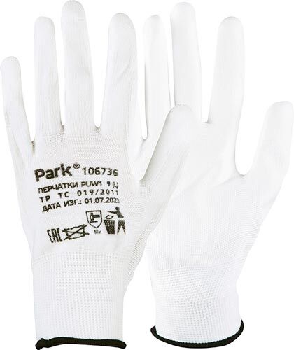 Перчатки рабочие Park PUW1 с полиуретановым покрытием, белые, с высокой тактильной чувствительностью, размер L (106736)