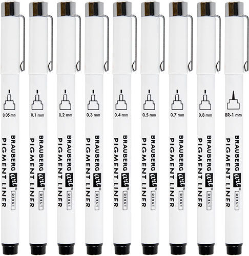 Капиллярные ручки линеры Brauberg ART DEBUT, 9 шт., черные, 0.05-0.8м м/кисть (143944) ART DEBUT 9 шт. черные 0.05-0.8м